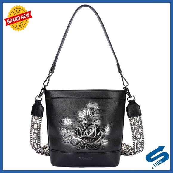 Handbags - Vegan Leather Crossbody Bucket Bag Embossed Design Adjustable Straps Everyday